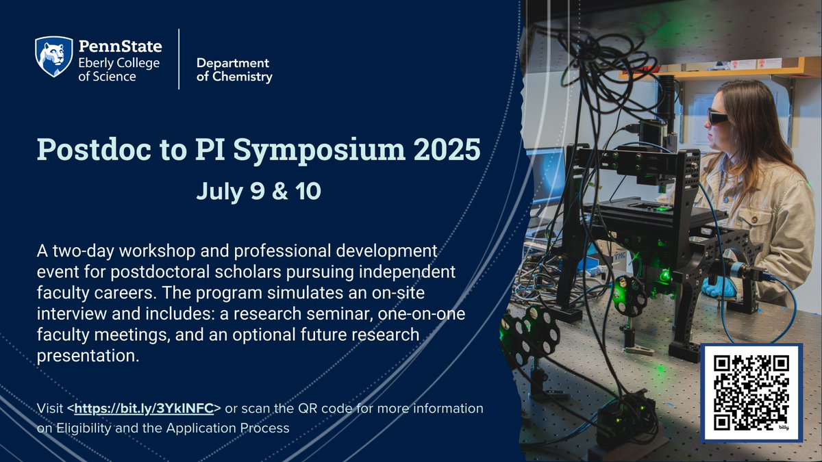 We are now accepting applications for the 2025
Postdoc to PI Symposium! 

It's a two-day professional development event for postdocs, simulating a faculty interview with research talks, faculty meetings, and optional future research presentations.

bit.ly/3YkINFC