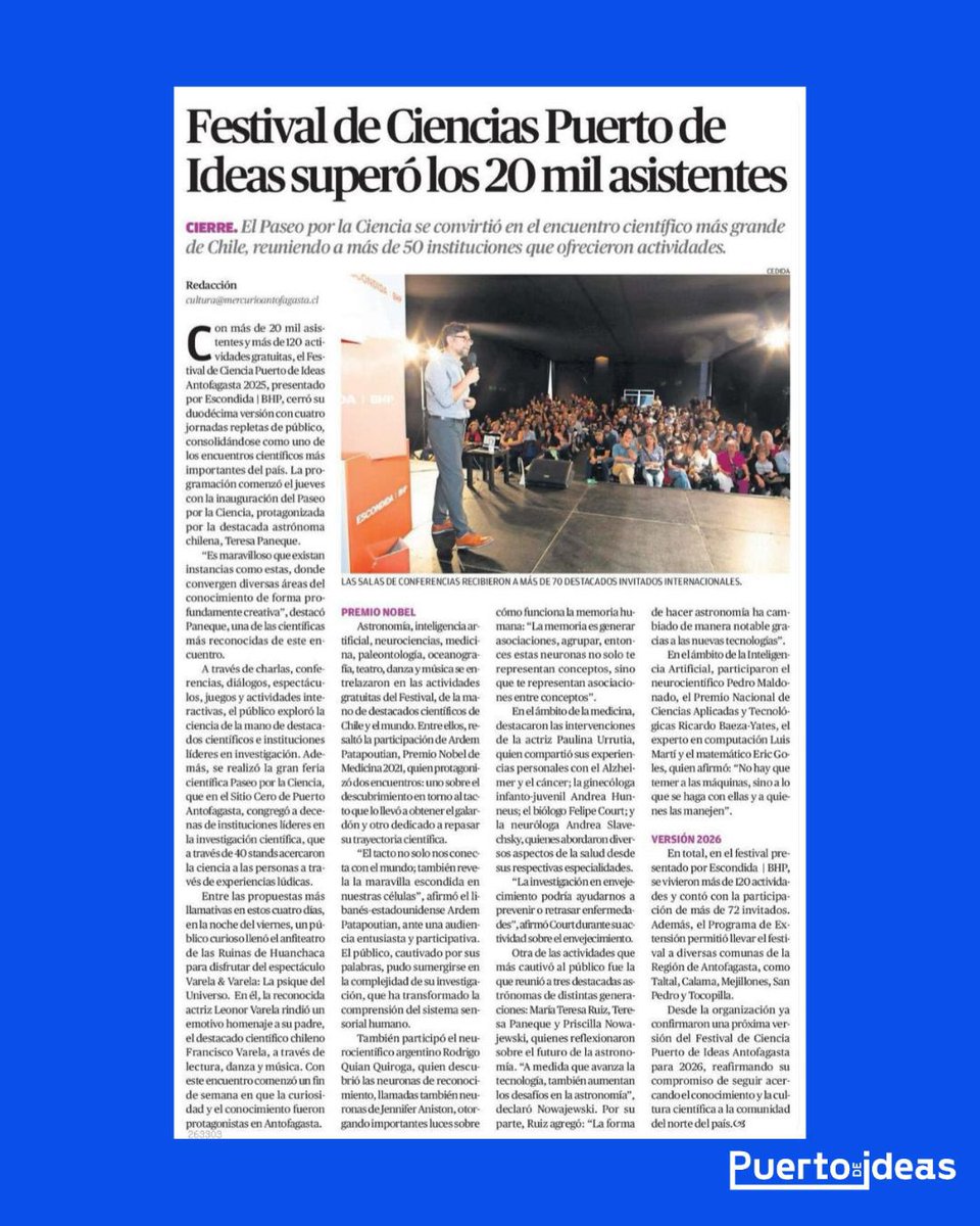 Puerto de Ideas (@puertodeideas) on Twitter photo ¡🗞️Hoy en <a href="/mercurioafta/">El Mercurio de Antofagasta</a> 🗞️! ¡Más de 20 mil personas vibraron con cada experiencia científica de #PuertodeIdeasAntofa2025! 🚀
Más de 70 invitados nacionales e internacionales llenaron las salas de conferencias con charlas y diálogos 🔬🗣️
¡Nos reencontramos en 2026! ¡🗞️Hoy en <a href="/mercurioafta/">El Mercurio de Antofagasta</a> 🗞️! ¡Más de 20 mil personas vibraron con cada experiencia científica de #PuertodeIdeasAntofa2025! 🚀
Más de 70 invitados nacionales e internacionales llenaron las salas de conferencias con charlas y diálogos 🔬🗣️
¡Nos reencontramos en 2026!