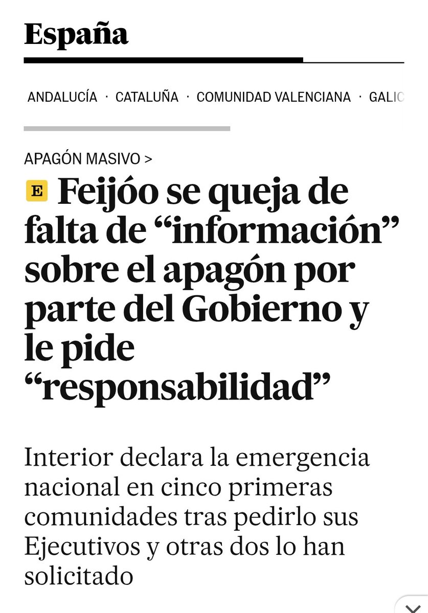 Feijóo se queja, apenas tres horas después del apagón, de que el Gobierno "no da información". 

Si le parece muy normal que tras 224 muertes, 3 desaparecidos y 6 meses, nadie sepa donde estuvo Mazón esa tarde.

Así es la derecha española, irresponsable siempre...