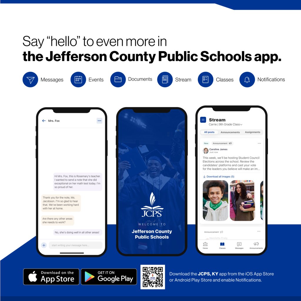 Say “hello” to parent-teacher messaging and announcements in the JCPS app! Families can check for an email and/or text today with instructions to sign in and access new features for select schools.