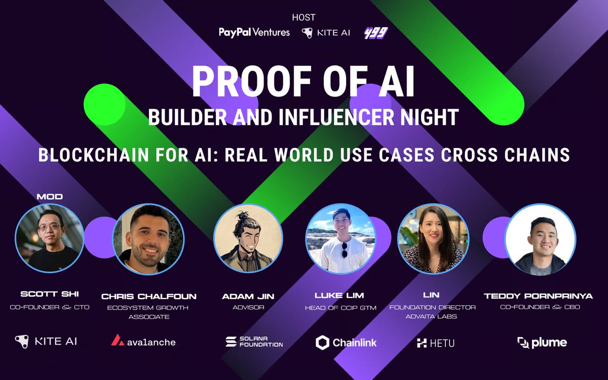 GoKiteAI's tweet photo. Tomorrow’s the night, we’re thrilled to host the "Proof of AI: Builder & Influencer Night," with @499_DAO and @PayPal Ventures!

Can’t wait for this epic panel on "Blockchain for AI: Real-World Use Cases Across Chains," featuring @chrischalfoun (@AvaLabs), @afdtaxm (@SolanaFndn), @0xpandasifu (@chainlink), @Tianlin_Shao (@advaita_labs and @hetu_protocol) and @teddyP_xyz (@plumenetwork).     

Our very own @scottshics will be the moderator.

📅 29 April
🕐 19:00-23:00
📍 PAPA Dubai
🔗 https://t.co/dkjxZNykkS