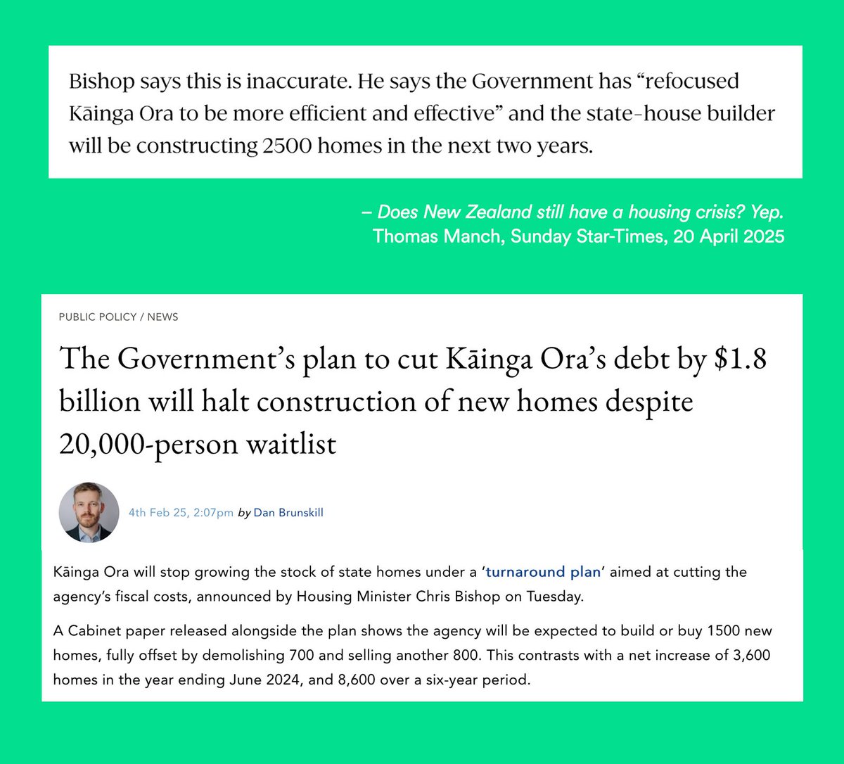 DailyIndgnation's tweet photo. Once again, this government's politicians are allowed to lie or fudge details in a Stuff article. In a story about the lack of housing in NZ, Manch just lets Bishop get away with claiming he'll be building 2500 homes in the next two years, without adding some important context. https://t.co/Nu1UlHx6lT