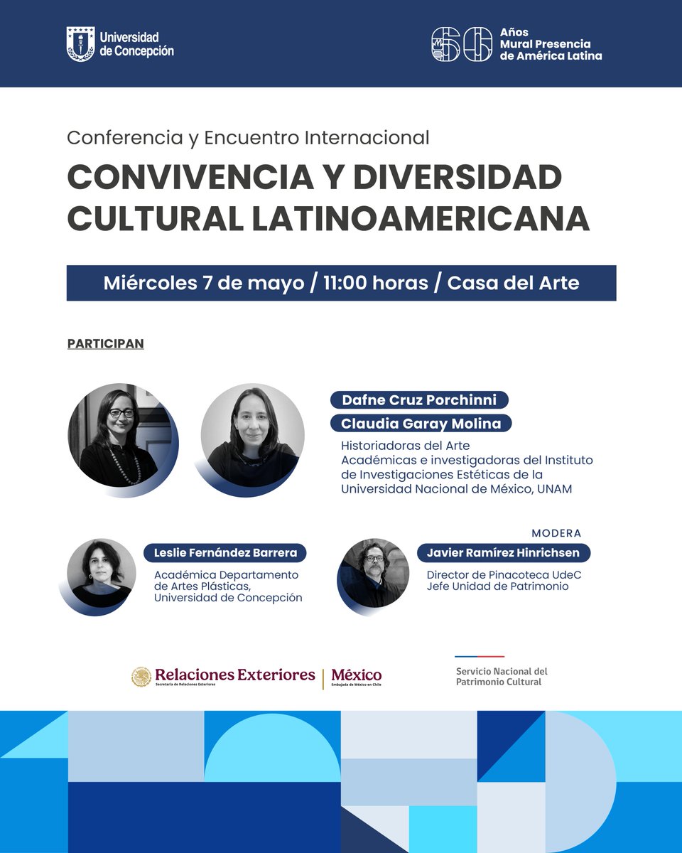 📌Les invitamos a la Conferencia y encuentro internacional: "Convivencia y diversidad cultural latinoamericana”,  en el marco de la conmemoración de los 60 años del Mural Presencia de América Latina.

#UNAM #UdeC #PresenciadeAméricaLatina #60añosMural #México #PatrimonioUdeC