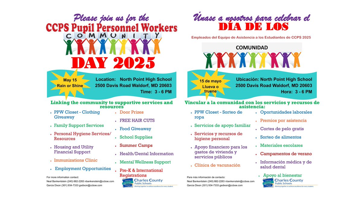 CCPS Pupil Personnel Workers Community Day 2025 is coming soon! See flyer for everything that is available at this event. #Smallwoodstrong #PPW #Communityday