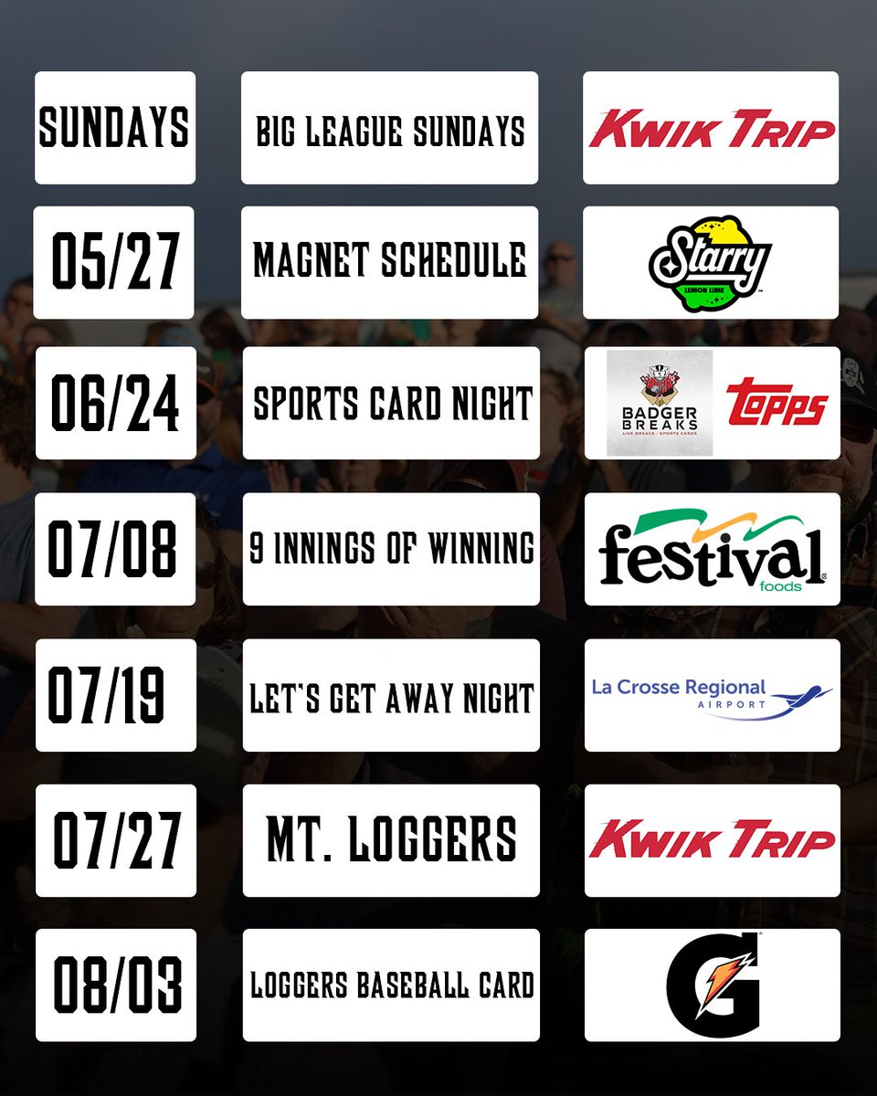 Join us for our giveaway nights at the ballpark this season! Stay tuned for the full promotional schedule release!
.
.
.
#rolllogs #lacrosseloggers #hitdifferenthere