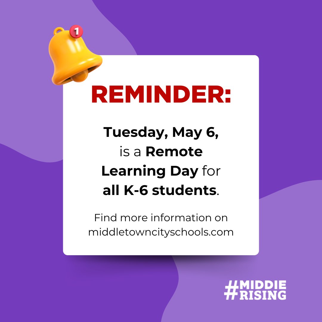 📢 REMINDER: Tuesday, May 6, is a Remote Learning Day for all K-6 students, due to Ohio’s Primary/Special Election.
➡ You can find more information about the Remote Learning Day for K-6 students here: middletowncityschools.com/departments/cu…
#MiddieRising