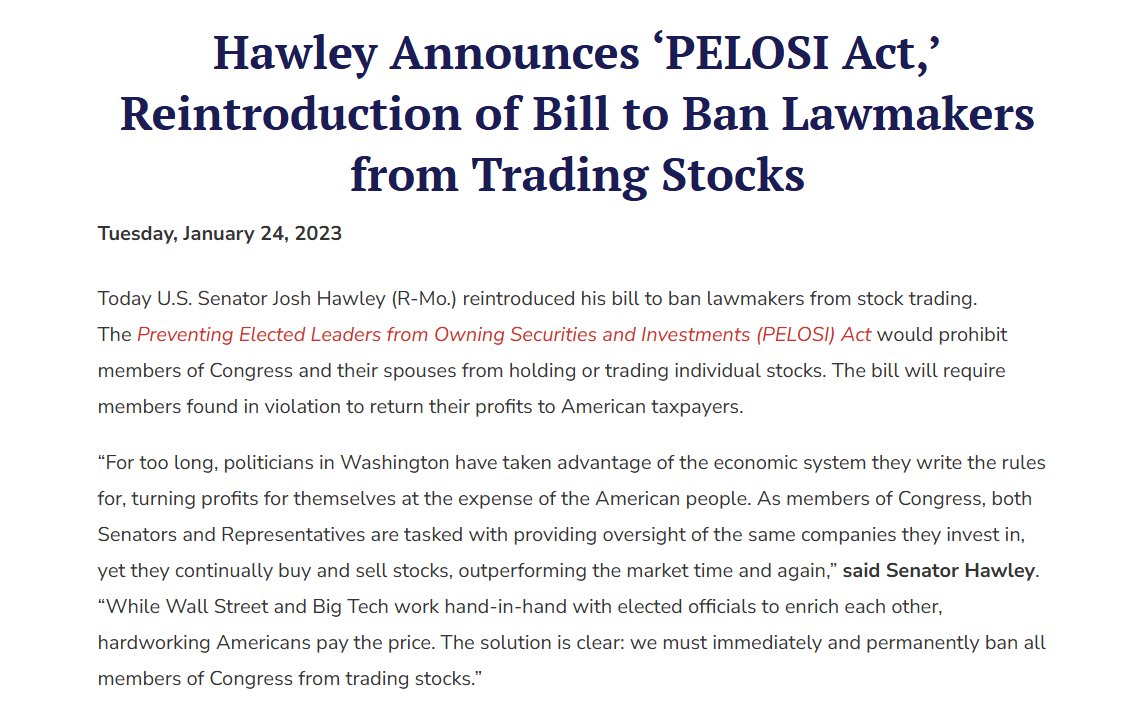 TrendSpider's tweet photo. A US Senator reintroduced a bill today to ban lawmakers from trading stocks.

Official name? "Preventing Elected Leaders from Owning Securities and Investments Act."

Also know as The PELOSI Act for short. 😅 https://t.co/Pc4QPt09fY