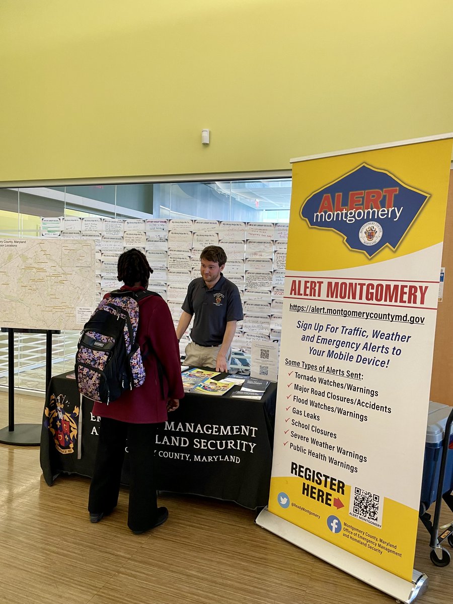 ReadyMontgomery's tweet photo. Join us today until 5:30 at the Silver Spring Library & tomorrow at the Long Branch Library from 2:30-5:30 pm for Climate Conversations about emergency preparedness, climate & natural disasters. Are you #prepared for flash floods? #NFIP #BeClimateSmart: https://t.co/FYcJLbEyeo https://t.co/dBd8MiRYdE
