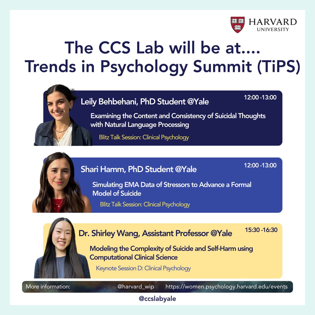CCSLabYale's tweet image. We're thrilled to share that the CCS Lab will be presenting at this year's Trends in Psychology Summit at Harvard!
We're excited to connect with everyone there and share our work — hope to see you soon!
@ukeleily
@sharinahamm
@ShirleyBWang
@harvardWiPsych