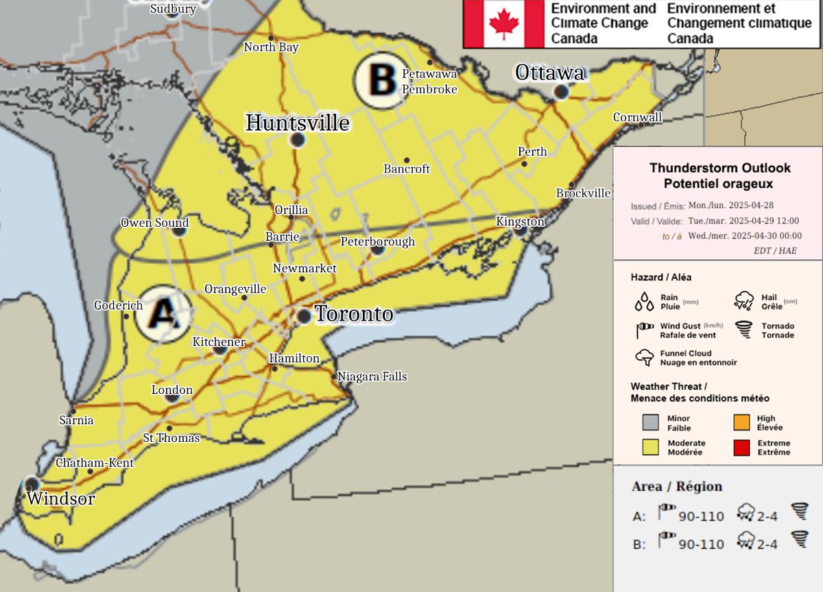 ⚠️ BREAKING: Environment Canada extends the risk for 110km/h damaging wind gusts, 2-4cm hail and tornadoes across Southern Ontario in their latest forecast map for tomorrow, Tuesday, April 29th, 2025. #ontario #ONStorm #OntarioWeather 

We'll be going live on YouTube around
