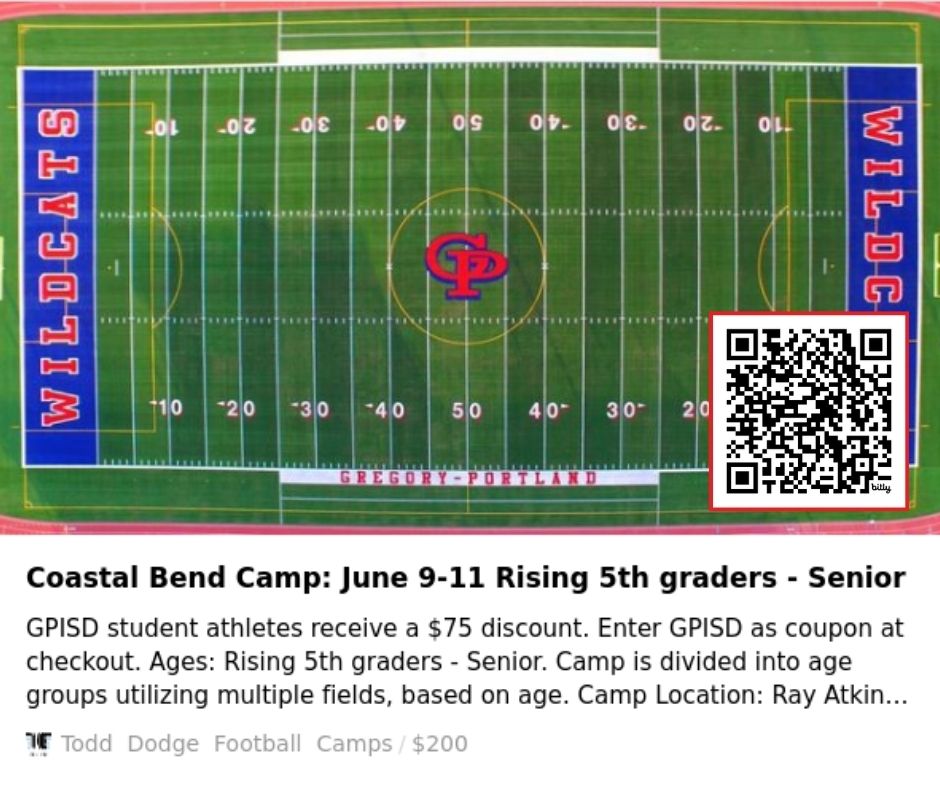 Gregory-Portland Fighting Wildcat Football (@gpwildcatsfb) on Twitter photo 🎯 Looking forward to hosting some Coastal Bend ballers at the <a href="/ToddDodgeFBcamp/">Todd Dodge</a> this summer‼️ The fun starts Monday, June 9th 🏈 🎯 Looking forward to hosting some Coastal Bend ballers at the <a href="/ToddDodgeFBcamp/">Todd Dodge</a> this summer‼️ The fun starts Monday, June 9th 🏈