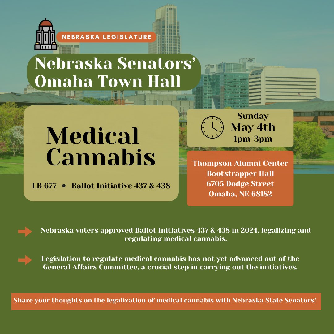 ld6_ne's tweet photo. Nebraska Senators are holding town halls in La Vista, Omaha, and Lincoln regarding medical cannabis. 

Come hear updates on legislation to carry out the ballot initiatives and make your voice heard! https://t.co/RLGjhHBO3E