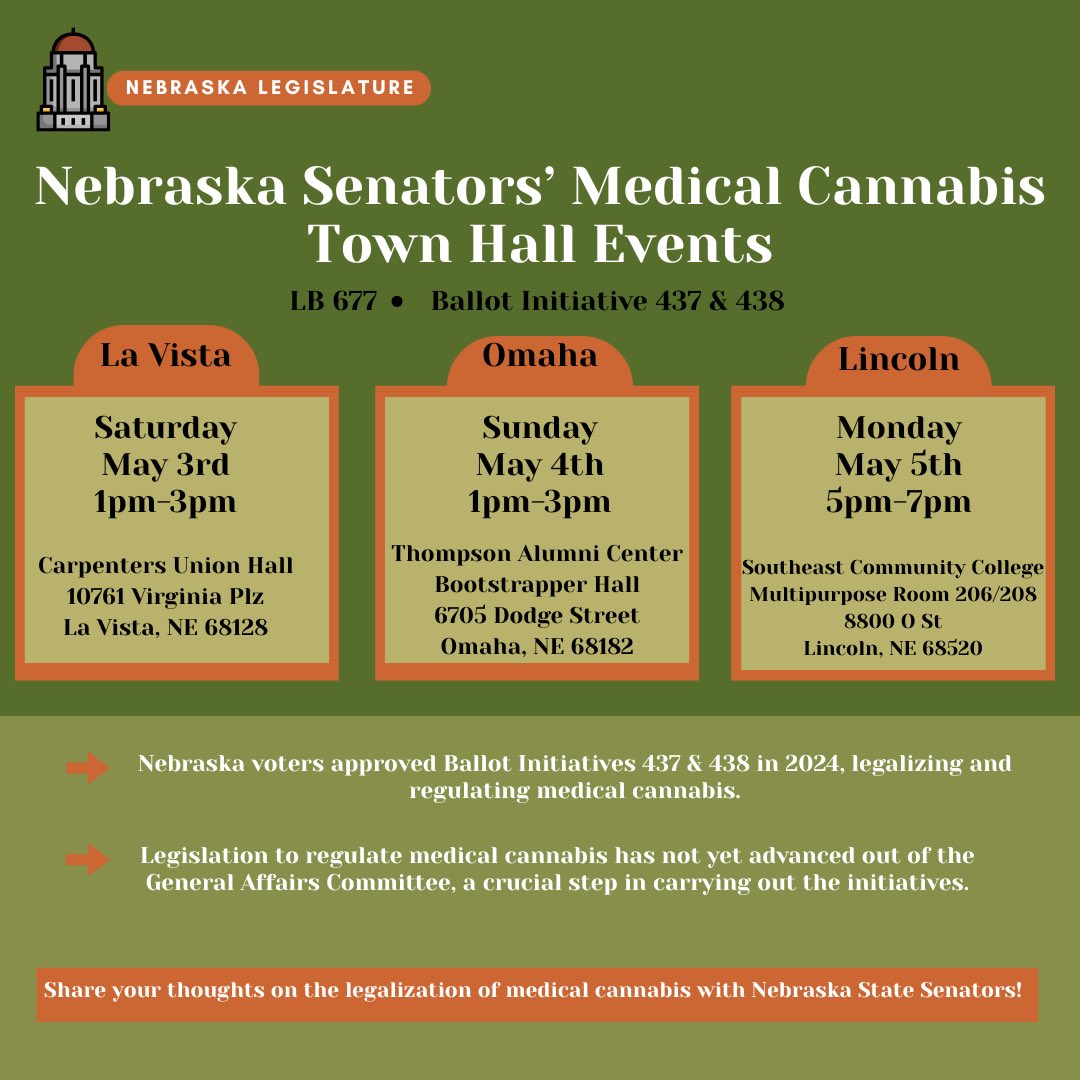 ld6_ne's tweet photo. Nebraska Senators are holding town halls in La Vista, Omaha, and Lincoln regarding medical cannabis. 

Come hear updates on legislation to carry out the ballot initiatives and make your voice heard! https://t.co/RLGjhHBO3E
