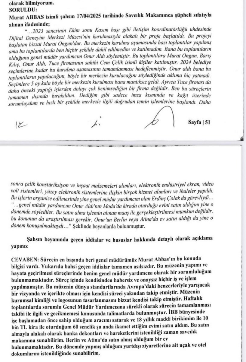 İBB soruşturmasında itirafçı olan Kültür A.Ş Gn. Md. Murat Abbas’a ilk yalanlama ikinci dalga operasyonda gözaltına alınan yardımcısı Onur Aldı’dan geldi. 

Onur Aldı Atina ve Berlin’de ev almadığını, Moda’da kiracısı olduğu evi de birikimi ve arabasını satarak aldığını söyledi.