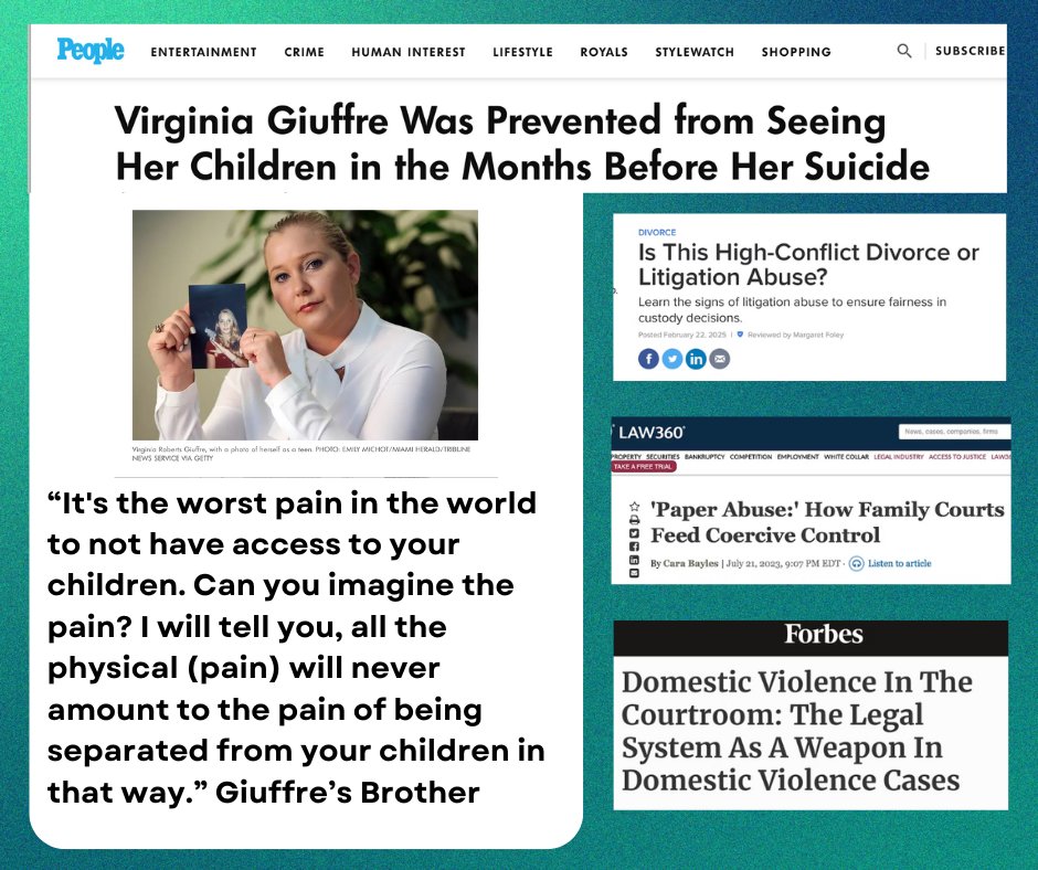 safe_parents's tweet photo. Thanks @people for the thoughtful article to explain how #VirginiaGiuffre  ex-husband allegedly beat her &amp; filed false #familyviolence restraining order against HER &amp; judge allows him to take custody of kids away from HER!  #kaydenslaw  https://t.co/bX6yvAPNKg https://t.co/6wICWuJPC1