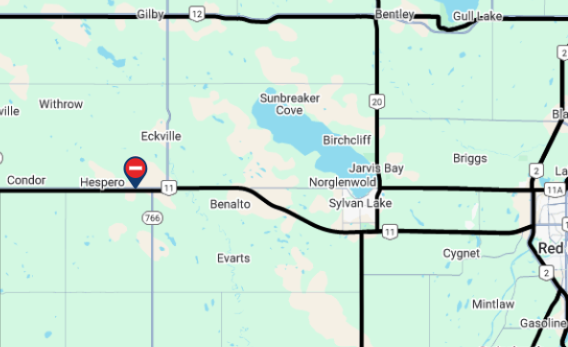511Alberta's tweet photo. Hwy11 at RR35 west of Sylvan Lake near Hespero - CLOSED due to MVC. Detour on site. Expect delays and consider alt-route. (2:33pm) #ABRoads https://t.co/DQFN8Dq8nB