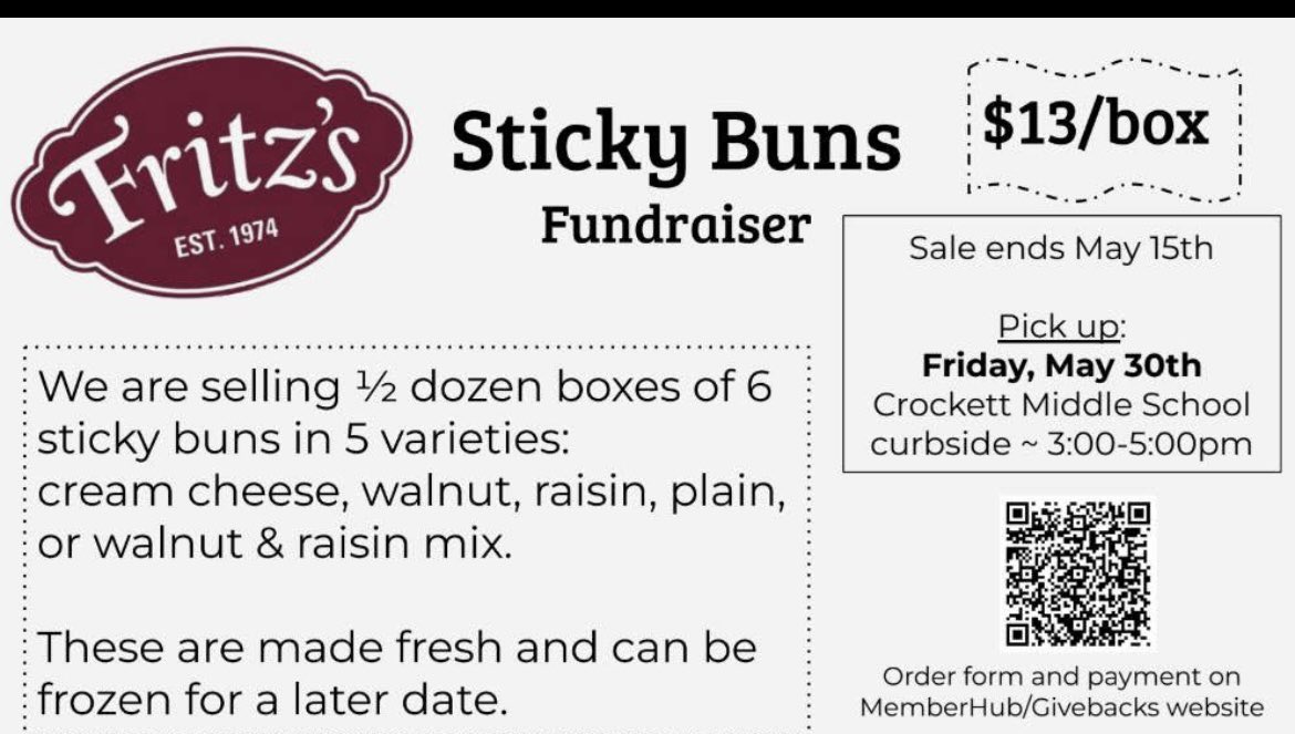 Crockett Middle School (@htsd_crockett) on Twitter photo PTA fundraiser alert: Make sure you order a box (or 2) of these delicious sticky buns! Donโt miss out! ๐๐พ๐ <a href="/CrockettPta/">Crockett Middle School PTA</a> <a href="/FinacchioMatt/">Matt Finacchio</a> PTA fundraiser alert: Make sure you order a box (or 2) of these delicious sticky buns! Donโt miss out! ๐๐พ๐ <a href="/CrockettPta/">Crockett Middle School PTA</a> <a href="/FinacchioMatt/">Matt Finacchio</a>