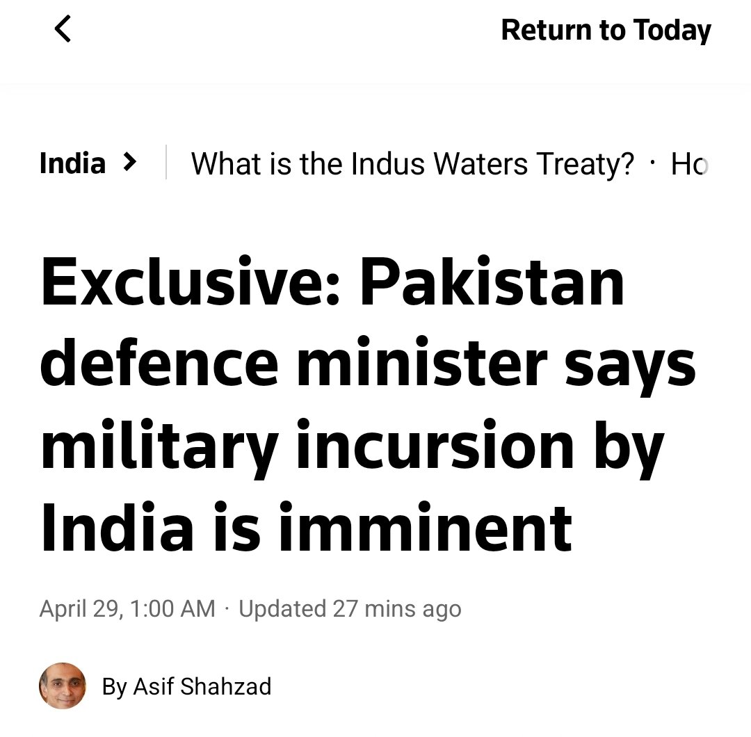 OmarAyubKhan's tweet photo. Since the last 5 days I have been saying that Indian strikes are imminent. Prime Muppet Shahbaz Sharif and his installed regime have been kowtowing to the Indians and surrendered to them by offering an investigation into the Pahalgam attack. Reuters has broken the story of Khawaja Asif admitting to imminent Indian strikes. India will most probably strike with Precision Guided Munirions and Brahmos Supersonic Cruise Missiles. Pakistan has to tell India that our retaliation will not be limited to conventional weapons. We will go nuclear. For that we need a strong leader and that leader is PM Imran Khan. Not this coward installed regime.  @PTIofficial

Exclusive: Pakistan defence minister says military incursion by India is imminent - https://t.co/KjgtJw6JOV