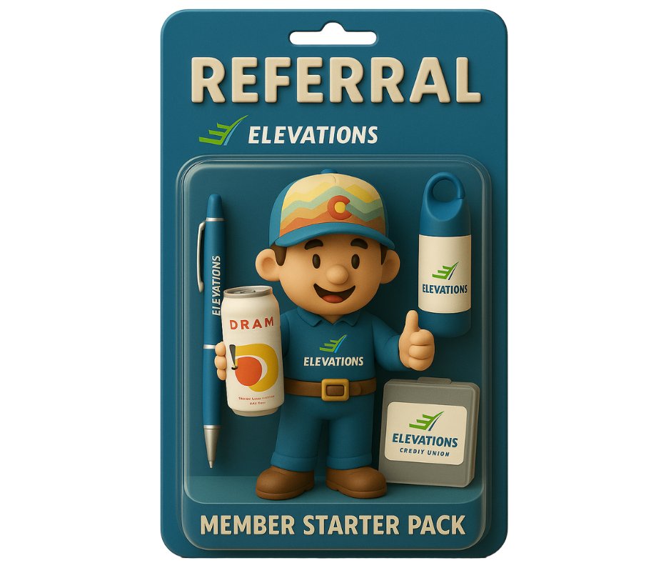 The referral action figure! Refer your friends and family to Elevations Credit Union and get rewarded! 🎁 

When your referral becomes an Elevations member and opens a checking account, you will both receive customized Colorado Crafted boxes. 

Learn more: bit.ly/3YfYU7f