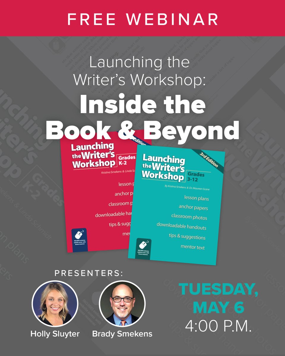 SmekensEd's tweet photo. ✏️ Ready to kick off writing instruction with clarity and confidence?

This webinar dives into Launching the Writer’s Workshop—our best-selling teacher resource available in two grade-specific versions (K–2 and 3–12). 

Sign up now! https://t.co/drpVoRysbo https://t.co/XC1WXKiu6L