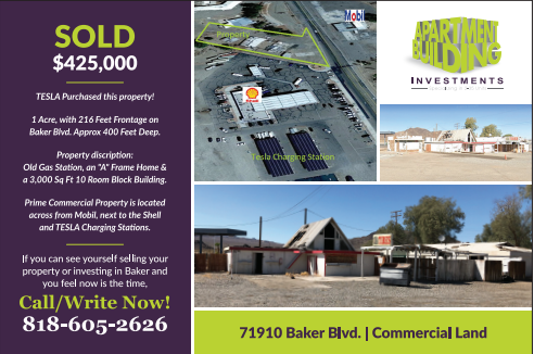 baroncastillo's tweet photo. SOLD! Baron Castillo with Apartment Building Investments sold this 1 Acre Commercial Property located in Baker CA. Tesla purchased this property. Can you see yourself investing in Baker and if you feel now is the time CALL/WRITE Now. Baron 818-605-2626 baroncastillo@gmail.com https://t.co/UBfNfABsEz