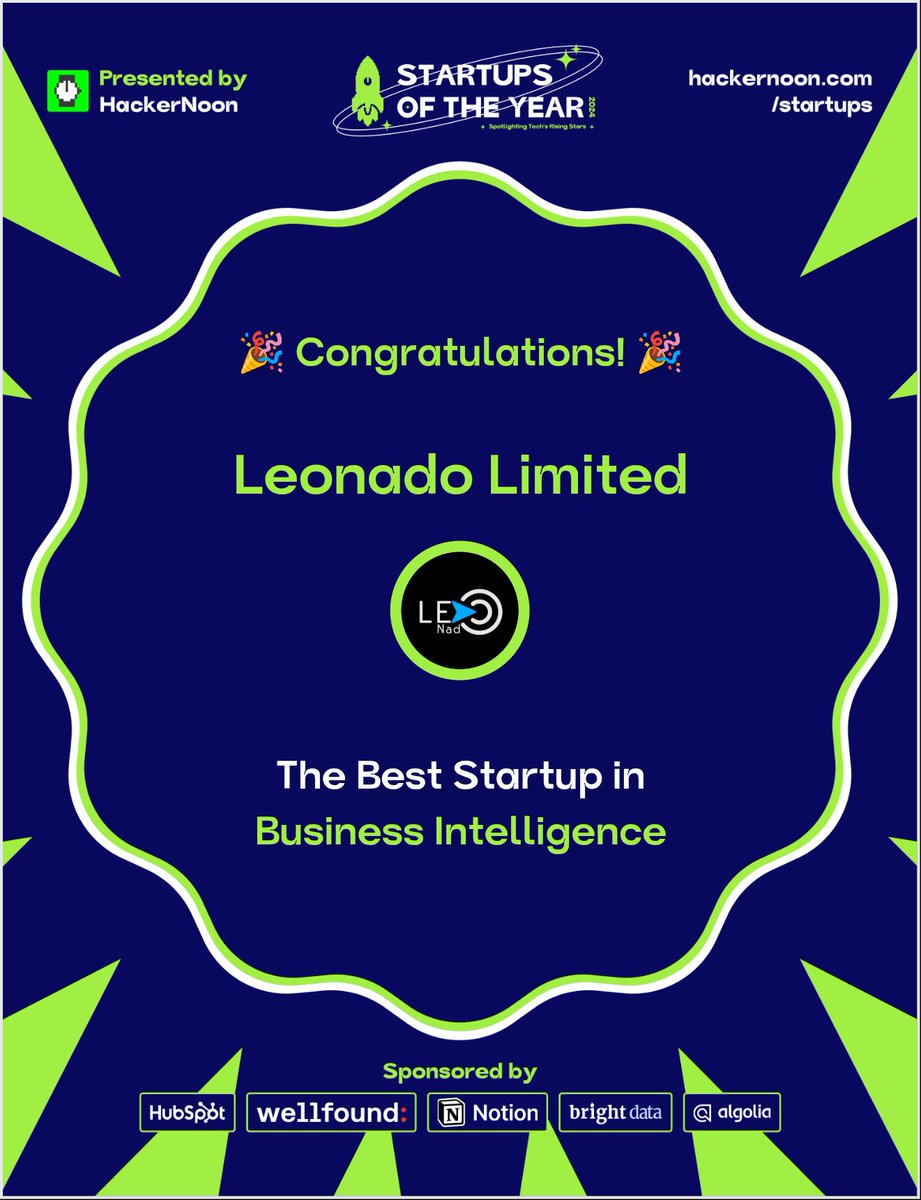 Congratulations 🎉  award 4
✓ We are the WINNER 2024 
Start ups in 
🔑 Business Intelligence 
🙏🎉🎉Thxs 
❤️ 
hackernoon.com/startups/winne…
HackerNoon’s Startups of The Year
 2024 is HackerNoon’s cover 150,000 entities across 4200+ cities, 6 continents, and 100+ industries joined