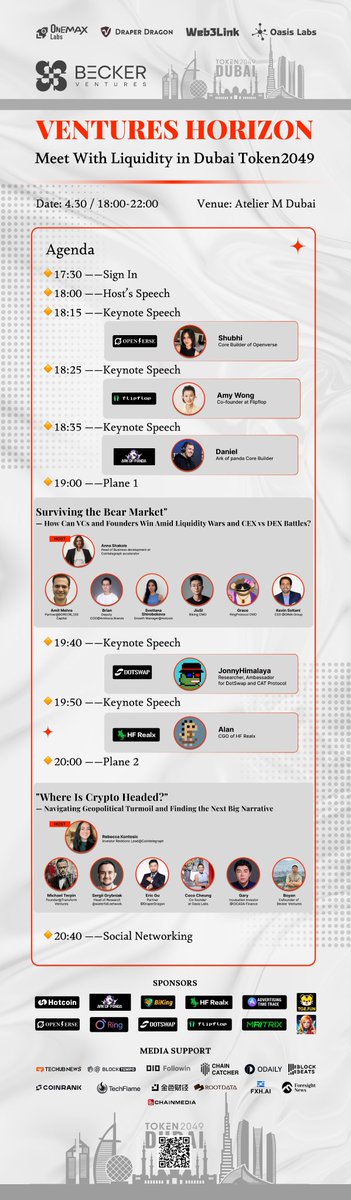 4月30日，迪拜 Atelier M 高空酒廊🕹️🕹️
5月1日晚，创始人饭局别墅派对
<a href="/Oasislabs_space/">Oasis Labs</a>  
<a href="/flipfloplaunch/">flipflopGlobal</a> 
x.com/BeckerVentures…