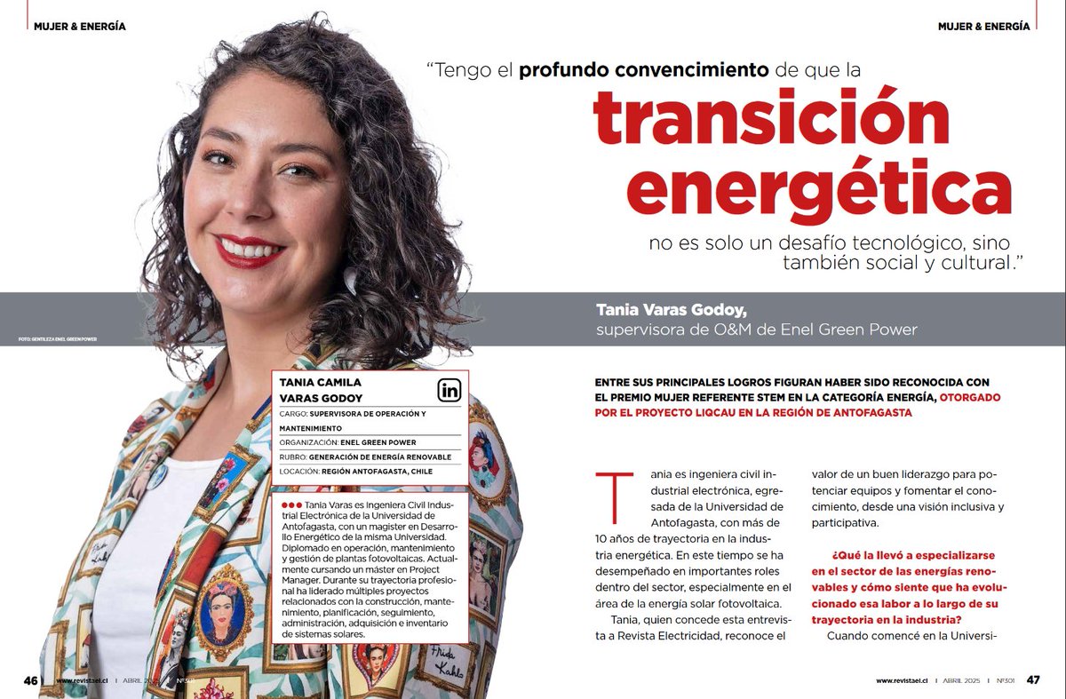 World Energy Council (WEC) Chile (@wec_chile) on Twitter photo Revisa la entrevista a Tania Varas de <a href="/enelgreenpower/">Enel Green Power</a>, quien fue entrevistada por Revista Electricidad en su edición de abril.
Tania también es embajadora de la 6ta Generación de nuestro programa de liderazgo femenino, Women in Energy WEC Chile.
issuu.com/csa2020/docs/r… Revisa la entrevista a Tania Varas de <a href="/enelgreenpower/">Enel Green Power</a>, quien fue entrevistada por Revista Electricidad en su edición de abril.
Tania también es embajadora de la 6ta Generación de nuestro programa de liderazgo femenino, Women in Energy WEC Chile.
issuu.com/csa2020/docs/r…