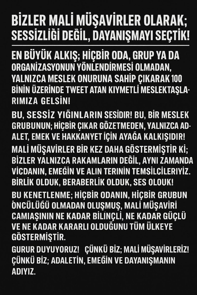 Biz sustukça sesimiz büyüdü!
 Bir olduk, birlik olduk, gurur olduk!
Mali müşavirler sessizliğin içinden çığlık gibi yükseldi!

Mesleğimizin, emeğimizin ve onurumuzun arkasındayız!

#KurumlarVergisiUzatılsın