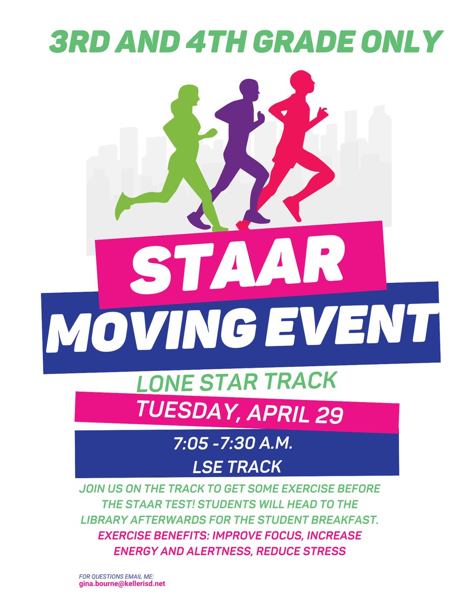 TOMORROW is a CLOSED CAMPUS for STAAR testing with our 3rd &amp; 4th Grade students! No visitors allowed beyond the front office. 3rd &amp; 4th Grade students ONLY are invited to the STAAR Moving Event (see attached flyer) No siblings or other grade level students for this event please😊
