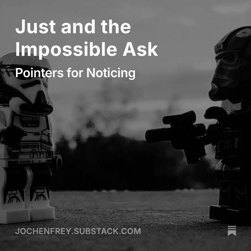 Just and the Impossible Ask 

Whenever I hear the word “just” I know bullshit is afoot. I'm talking about “just” as in "just don't make any mistakes", or "if the two of you could just get along". It's the impossible made nice and palatable ...

open.substack.com/pub/jochenfrey…