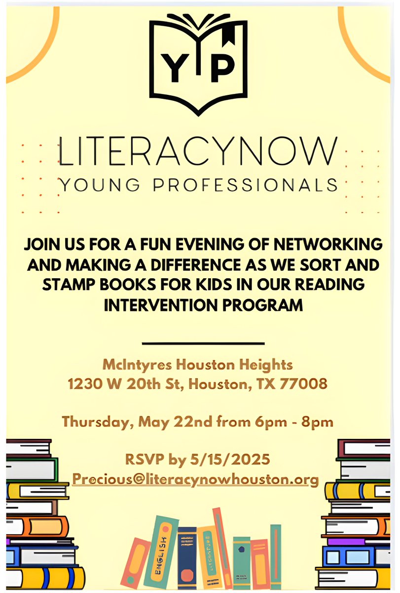 Literacy Now (@literacynowhtx) on Twitter photo Looking to network and make a difference?
Join us May 22, 6–8 PM at McIntyre’s Heights to help stamp and sort books for young readers!
RSVP by May 15 to Precious Daniels: precious@literacynowhouston.org
#LiteracyNow Looking to network and make a difference?
Join us May 22, 6–8 PM at McIntyre’s Heights to help stamp and sort books for young readers!
RSVP by May 15 to Precious Daniels: precious@literacynowhouston.org
#LiteracyNow