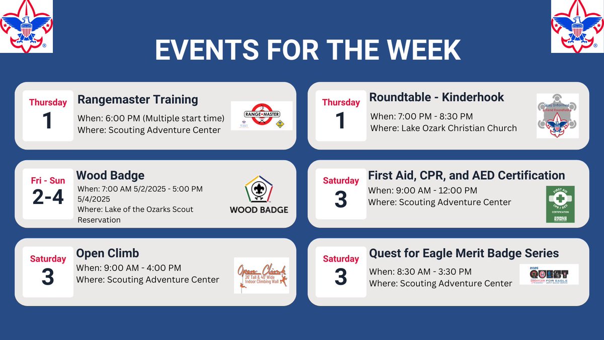 GRC_Scouting's tweet image. Upcoming events for April 28 - May 4. Make sure to check the website for more information!

greatriversscouting.org/calendar/