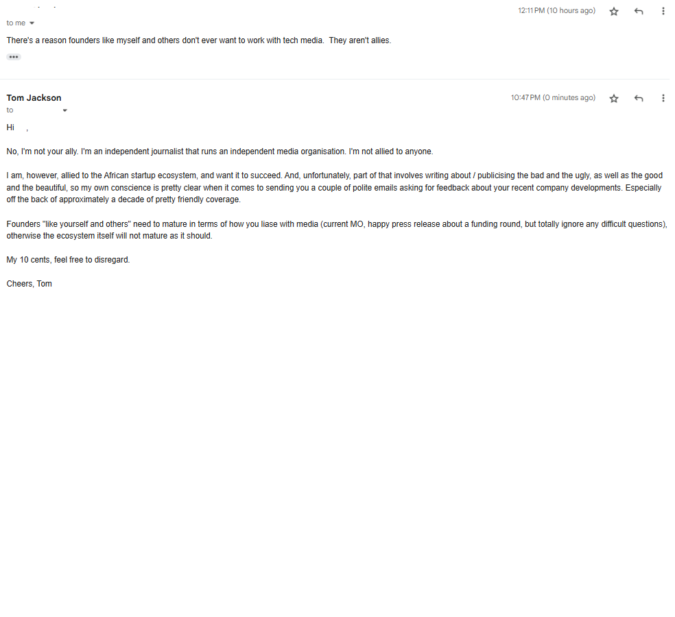 Got pulled up by a founder today for asking a couple of pretty reasonable questions about his or her company's recent down-round. I think this is a fair response, no?