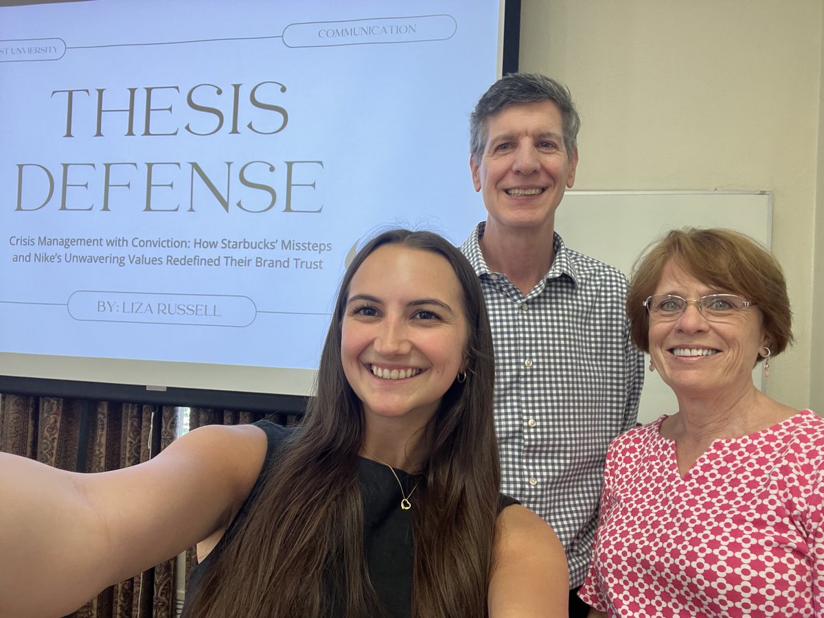 Congratulations to @wakecomm Senior Liza Russell on her successful honors thesis defense on the topic: "Crisis Management with Conviction: How Starbucks' Missteps and Nike's Unwavering Values Redefined Their Brand Trust". Liza is pictured here with her committee members. 🎩