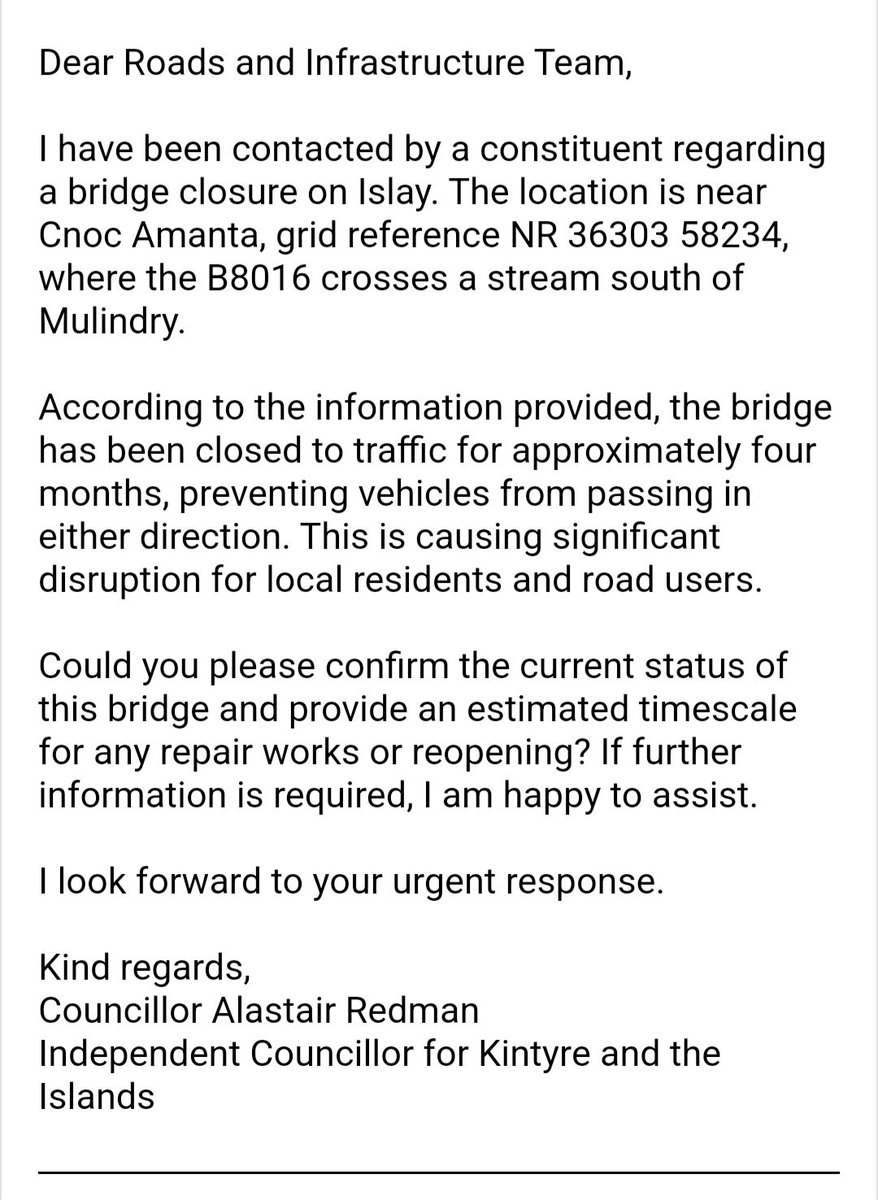 AlastairRedman's tweet image. 🚧 After hearing local concerns, I’ve contacted Argyll and Bute Council about the B8016 bridge closure near Cnoc Amanta, Islay (NR 36303 58234).

Seeking urgent updates.

#Islay #Roads #LocalIssues