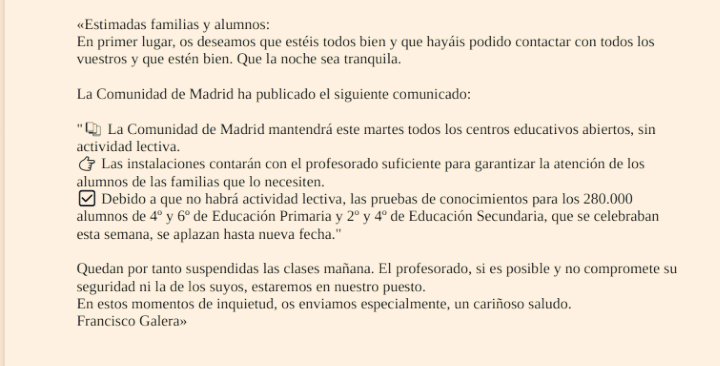 Mensaje enviado a las familias: martes 29 de abril, suspensión de las actividades lectivas, pruebas externas, exámenes, etc.

Que estéis todos bien, astronautas del Neil y allende los mares. Que la noche sea tranquila.
Vuestros, 📚💞🚀