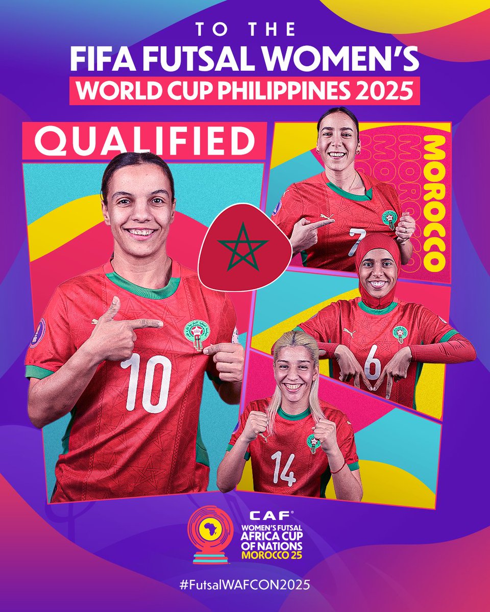 CAFwomen's tweet photo. World Cup bound! 🚀

Morocco qualify for the FIFA Futsal Women's World Cup Philippines 2025. Next stop, the world stage! 🌍 

#FutsalWAFCON2025 https://t.co/WtLU8HSNe8