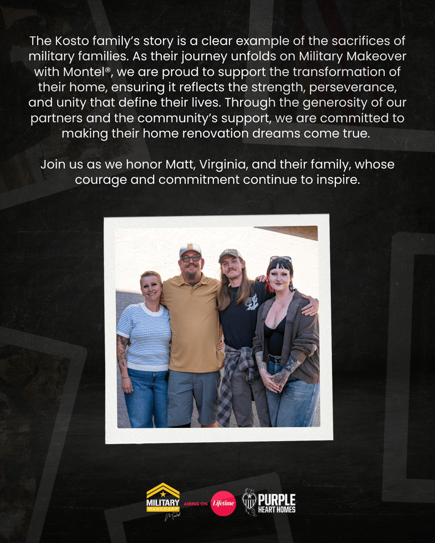 MilitaryMkover's tweet photo. 🇺🇸 Meet the Kosto Family, the amazing Veteran family of our 42nd #MilitaryMakeover! 

We are beyond grateful to work with @PHH_USA 💜 to give back to this inspirational family.

➡️ Tune in Friday, May 23rd at 7:30 AM ET/PT on Lifetime! 🇺🇸🥳

#MMKosto #Military #Veteran https://t.co/mhLoYlSyBd