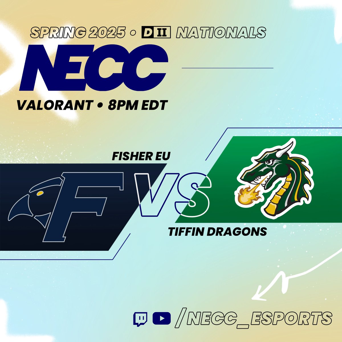 NECC (@neccgames) on Twitter photo Valorant SEMI FINALS are TONIGHT🚨
Tonight, we bring you an exciting playoff matchup between <a href="/Fisher_Esports/">Fisher Esports</a> and <a href="/TiffinUEsports/">TiffinU Esports</a> as they go head-to-head in the Division 2 Valorant National Semi Finals!! 👀
Click the link below to catch the action at 8pm EST!! 👇
🔗 - Valorant SEMI FINALS are TONIGHT🚨
Tonight, we bring you an exciting playoff matchup between <a href="/Fisher_Esports/">Fisher Esports</a> and <a href="/TiffinUEsports/">TiffinU Esports</a> as they go head-to-head in the Division 2 Valorant National Semi Finals!! 👀
Click the link below to catch the action at 8pm EST!! 👇
🔗 -