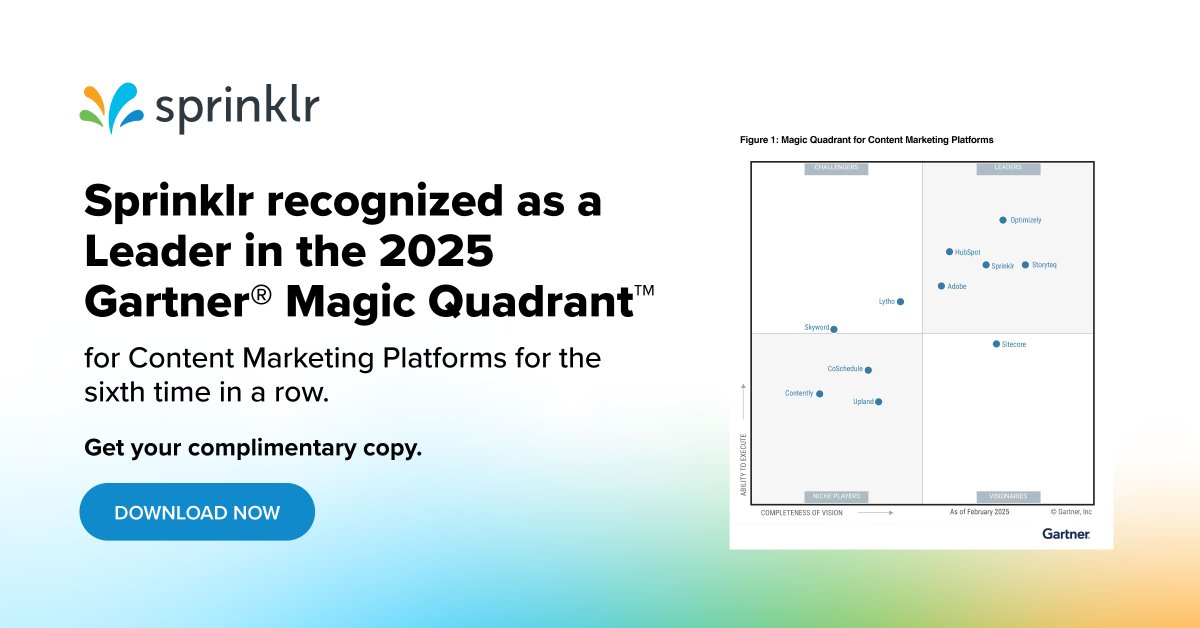 mjknam's tweet photo. Huge news! @Sprinklr is named a Leader in the 2025 Gartner® Magic Quadrant™ for Content Marketing Platforms – a 6th time in a row! 🎉 🎉 See why top brands trust us: https://t.co/l7KyTPqvwz https://t.co/zR5FmKAfJG