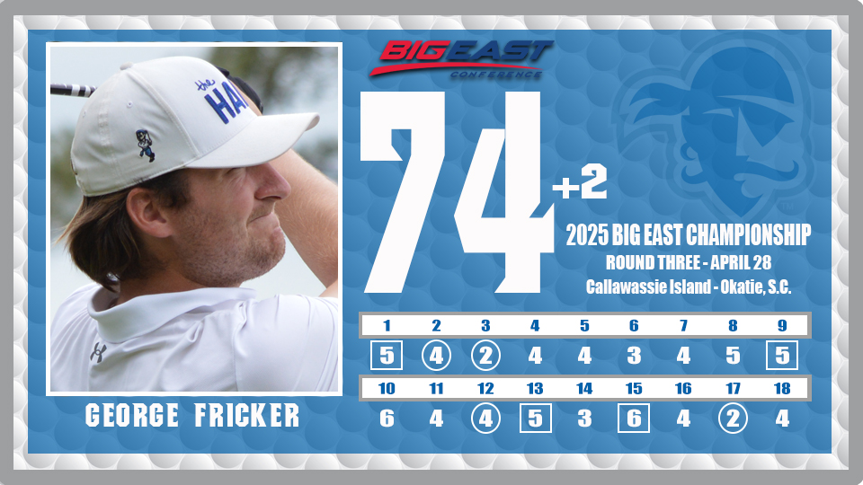 SHUMGolf's tweet image. George Fricker's collegiate career comes to an end with a 2-over-par, 74, on Monday. He was the top finisher for The Hall for the tournament, tying for 10th with a 1-under-par, 70-71-74-215.
He graduates with the third-lowest career scoring average in program history (73.29).
