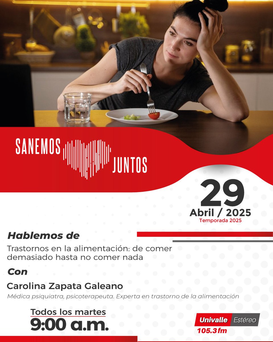 Tu relación con la comida también habla de tu bienestar! 🥦🥕
Este martes a las 9:00 a.m. en Univalle Estéreo 105.3 FM, no te pierdas Sanemos Juntos.
La Dra. Carolina Zapata Galeano nos guiará en un tema vital: trastornos de la alimentación.
¡Escúchalo, infórmate y compártelo!