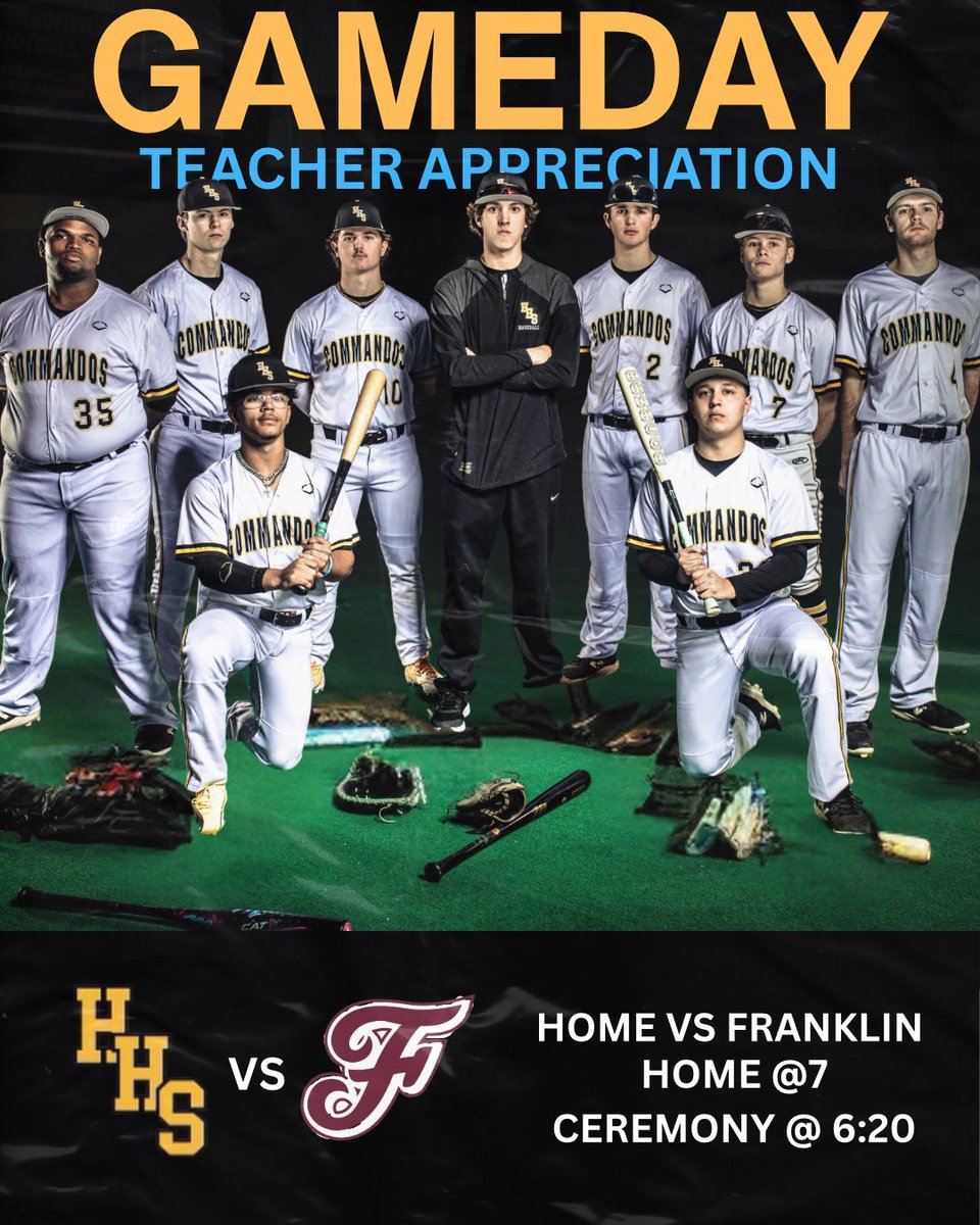 ⚾️ GAMEDAY MONDAY APRIL 28⚾️
“Teacher Appreciation Night”

🆚 Franklin HS
📍 Drakes Creek Park
⏰ 7:00 pm

#commandobaseball
