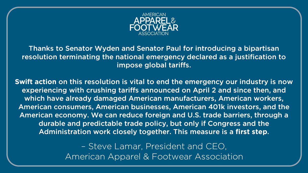 AAFA (@apparelfootwear) on Twitter photo AAFA President and CEO <a href="/SteveWonk/">Steve Lamar</a> regarding Senate efforts to vote against use of the Emergency Economic Powers Act (IEEPA) for sweeping global tariffs. Talk to us for more on #SmartTrade and #AdvocacyThatFits AAFA President and CEO <a href="/SteveWonk/">Steve Lamar</a> regarding Senate efforts to vote against use of the Emergency Economic Powers Act (IEEPA) for sweeping global tariffs. Talk to us for more on #SmartTrade and #AdvocacyThatFits