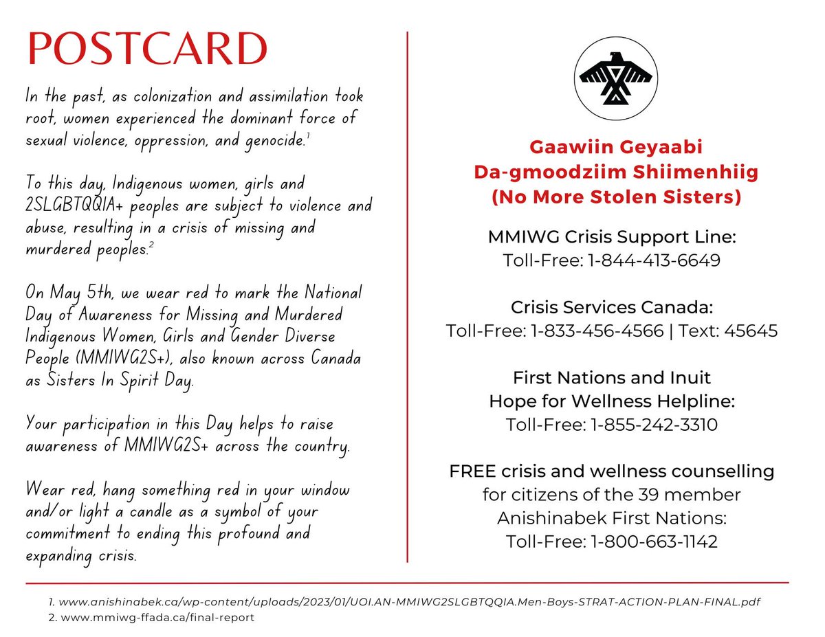 Did you know May 5 is National Day of Awareness for MMIWG and Gender-Diverse People? Join us by wearing red to raise awareness across the country!

If you don’t have anything red to wear, you could also hang something red in your window and/or light a candle as a symbol of your