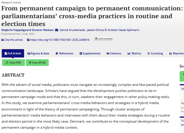 Journal of Information Technology & Politics (@jitp_apsa) on Twitter photo How do parliamentarians use the hybrid media environment in their campaigns? Authors examine the media-related practices & strategies of #Danish parliamentarians during routine & election periods.
<a href="/MajbrittSeverin/">Majbritt Severin-Nielsen (majbrittsn.bsky.social)</a> <a href="/SKruikemeier/">Sanne Kruikemeier</a> <a href="/dscheykopp/">Jakob Ohme</a> <a href="/KKjelmann/">Kristian Gade Kjelmann</a>
➡️tandfonline.com/doi/full/10.10… How do parliamentarians use the hybrid media environment in their campaigns? Authors examine the media-related practices & strategies of #Danish parliamentarians during routine & election periods.
<a href="/MajbrittSeverin/">Majbritt Severin-Nielsen (majbrittsn.bsky.social)</a> <a href="/SKruikemeier/">Sanne Kruikemeier</a> <a href="/dscheykopp/">Jakob Ohme</a> <a href="/KKjelmann/">Kristian Gade Kjelmann</a>
➡️tandfonline.com/doi/full/10.10…