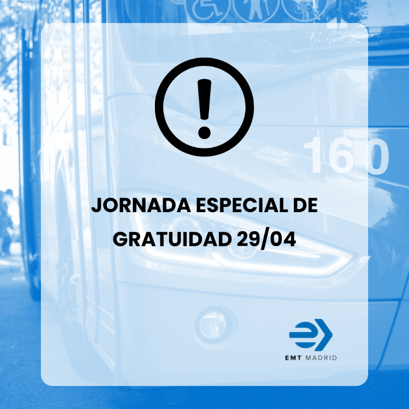 EMT Madrid (@emtmadrid) on Twitter photo ‼️ #ÚltimaHora:
El Ayuntamiento de <a href="/MADRID/">Ayuntamiento Madrid</a> activa mañana 29 de abril una jornada especial de GRATUIDAD en todas las líneas de EMT.
Sólo sube y te llevamos.
Todas las líneas estarán operativas para facilitar la movilidad de los madrileños. ‼️ #ÚltimaHora:
El Ayuntamiento de <a href="/MADRID/">Ayuntamiento Madrid</a> activa mañana 29 de abril una jornada especial de GRATUIDAD en todas las líneas de EMT.
Sólo sube y te llevamos.
Todas las líneas estarán operativas para facilitar la movilidad de los madrileños.