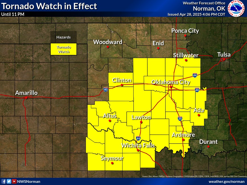 A tornado watch has been issued for parts of Oklahoma and Texas.  Severe storms are expected to develop across southwestern Oklahoma and western north Texas over the next few hours.  The storms will move to the northeast at 25 mph.  #okwx #texomawx