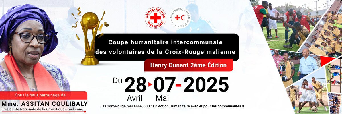 CroixRougeMali's tweet photo. Coup d’envoi de la 2ᵉ Édition de la Coupe humanitaire Henri Dunant. Sous le haut parrainage de Mme Assitan Coulibaly, Présidente de la @CroixRougeMali, les volontaires de la Commune I l’emportent 3-0 face au personnel de la CRM.
Unis par l’esprit de fraternité et d’humanité. https://t.co/G4FcOGw9en